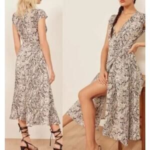 NEW Reformation Carina Rattlesnake Print Wrap Midi Dress Boho Gray Womens Sze XL